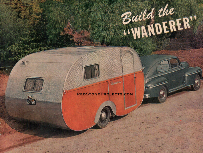 Picture or the 1947 DIY travel trailer, Wanderer, pulled by a post war sedan.