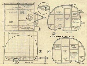 Wander Pup trailer floor plan, right and left elevation, profile layout and roof and molding details with dimensions.