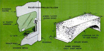 Drawing and dimensions for the Wild Goose Overnight trailer screen door window and wheel well.